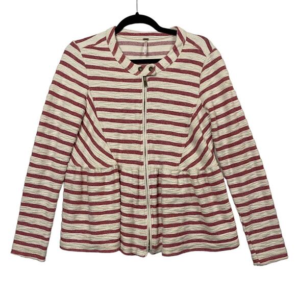Free People Red Cream Textured Stripe Peplum Full Zip Jacket Size Small - Picture 2 of 9